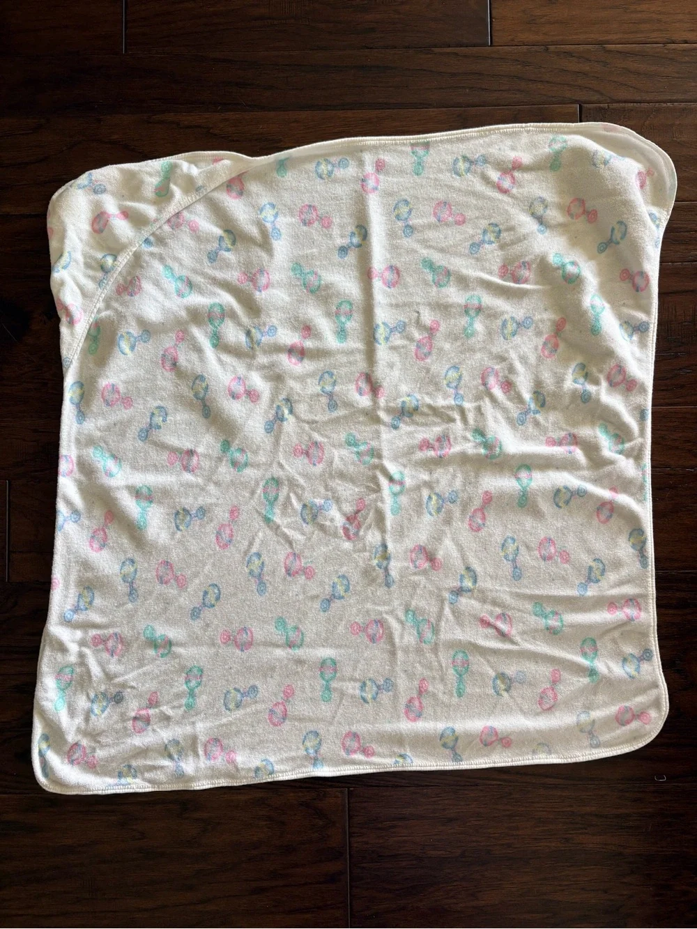Vintage Carters-style Baby Hooded towel with Pastel Rattle Print